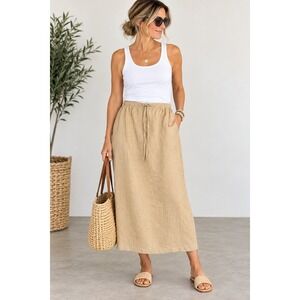 GMP Linen Maxi Skirt M Tan Beige Coastal Grandma Quiet Luxury Boho Minimalist